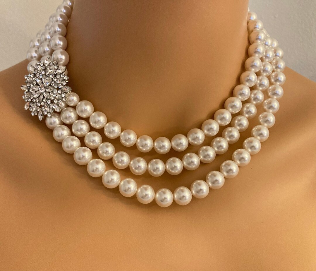 Chunky Pearl Necklace with Rhinestone Brooch strands of Large 10mm Crystal Pearls in Cream or White wedding necklace mother of the bride